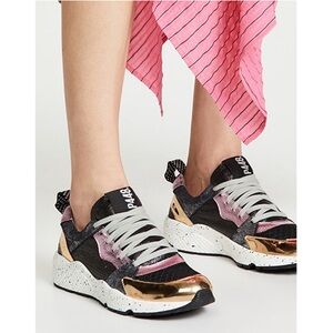P448 Alex Mixed Leather Lace-Up Sneakers Pink Black Shine Size 39 US 9 Luxury